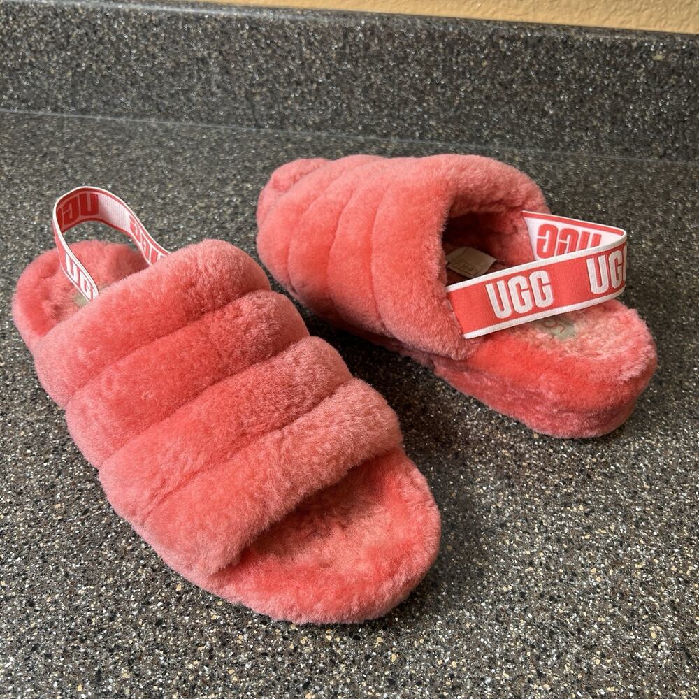 UGG Fluff Yeah Womens Comfort Slipper Slide Orange Fur Open Toe US 10 EU 41 UK 8